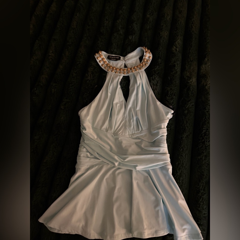 bebe Pale Blue Embellished Halter Top with Gold Accents